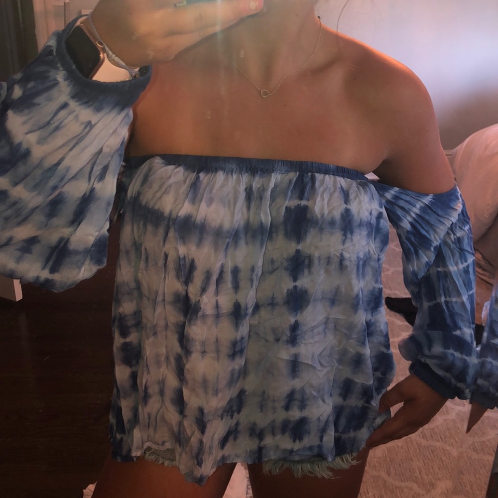 Blue and white tie dye strapless top